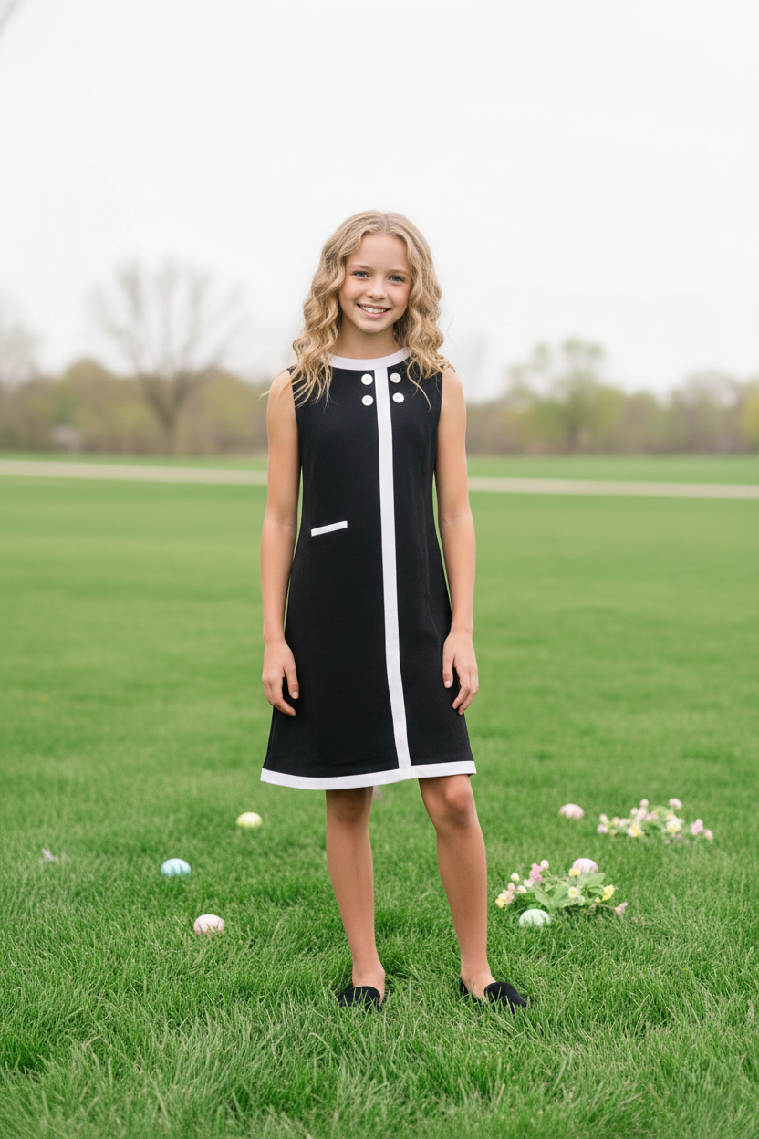 Seaside Sail Girls Linen DRESS - Black With White Trim