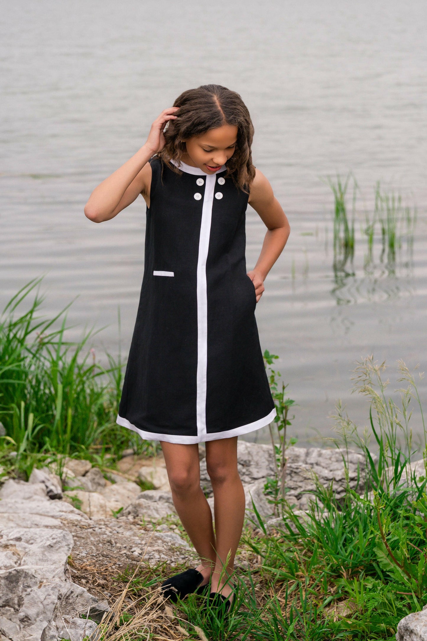 Seaside Sail Girls Linen DRESS - Black With White Trim