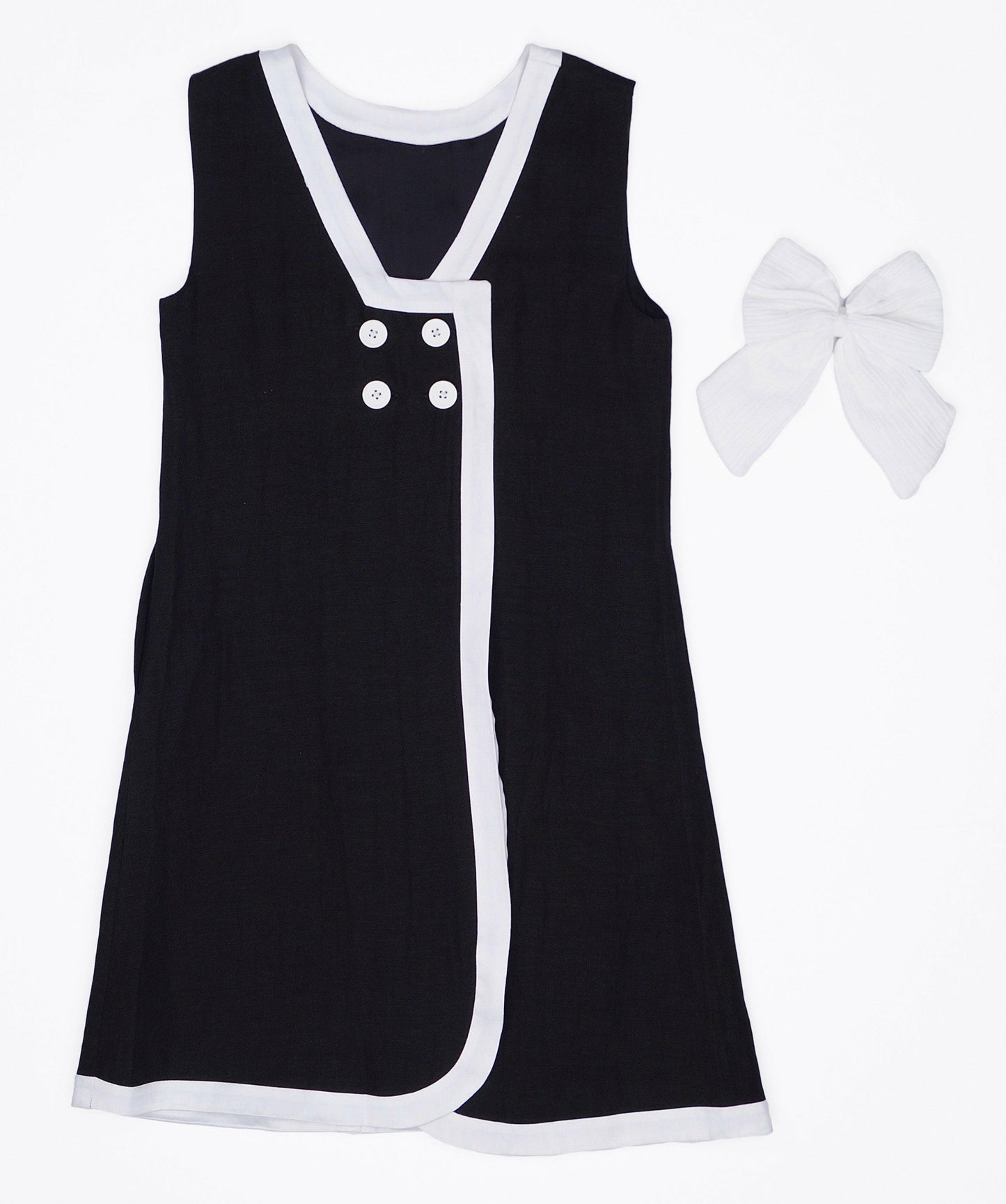 Seaside Sail Girls Linen DRESS - Black With White Trim