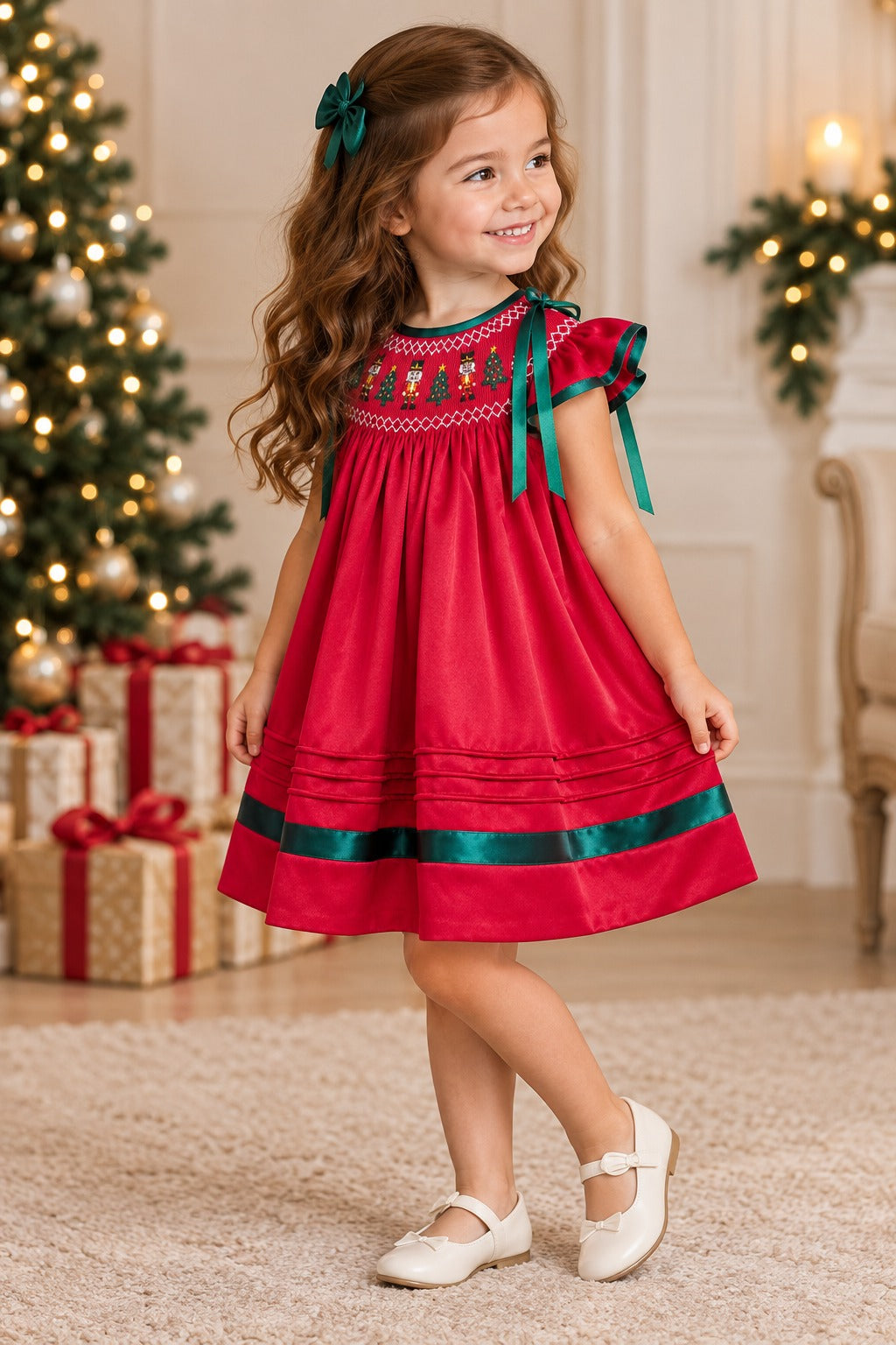 Girl wearing a red satin Nutcracker dress with green ribbon trim beside Christmas trees and wrapped gifts.