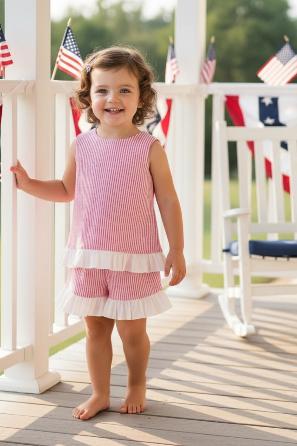 Seaside Stroll Ruffle SHORTS - Beach Rose Seersucker