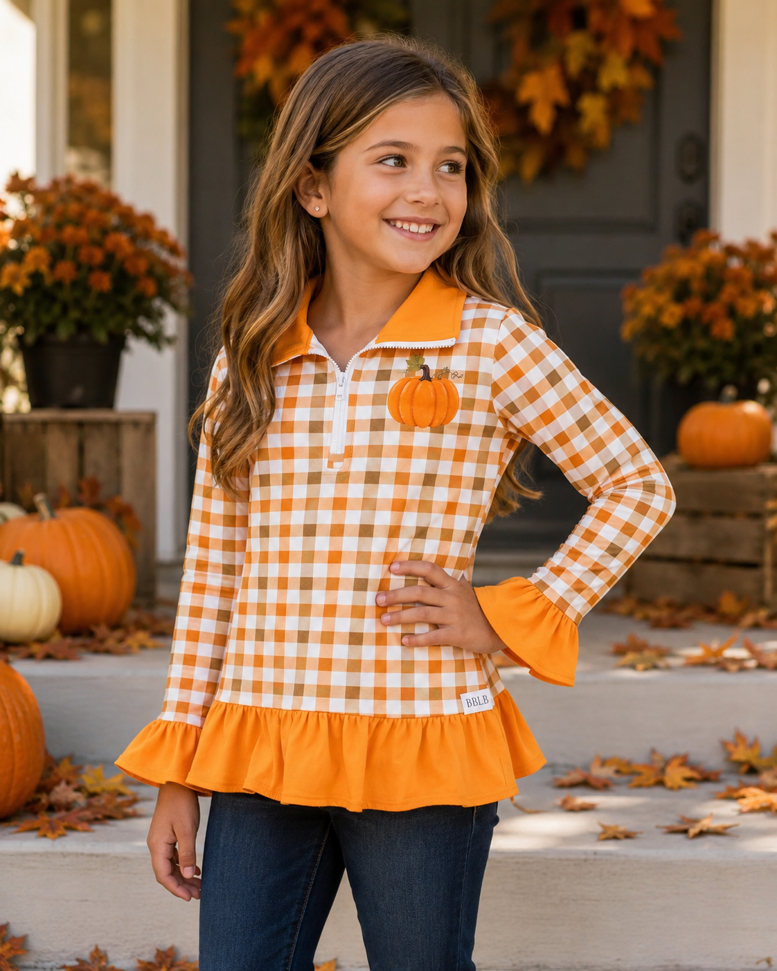 Pumpkin Plaid Ruffle Top