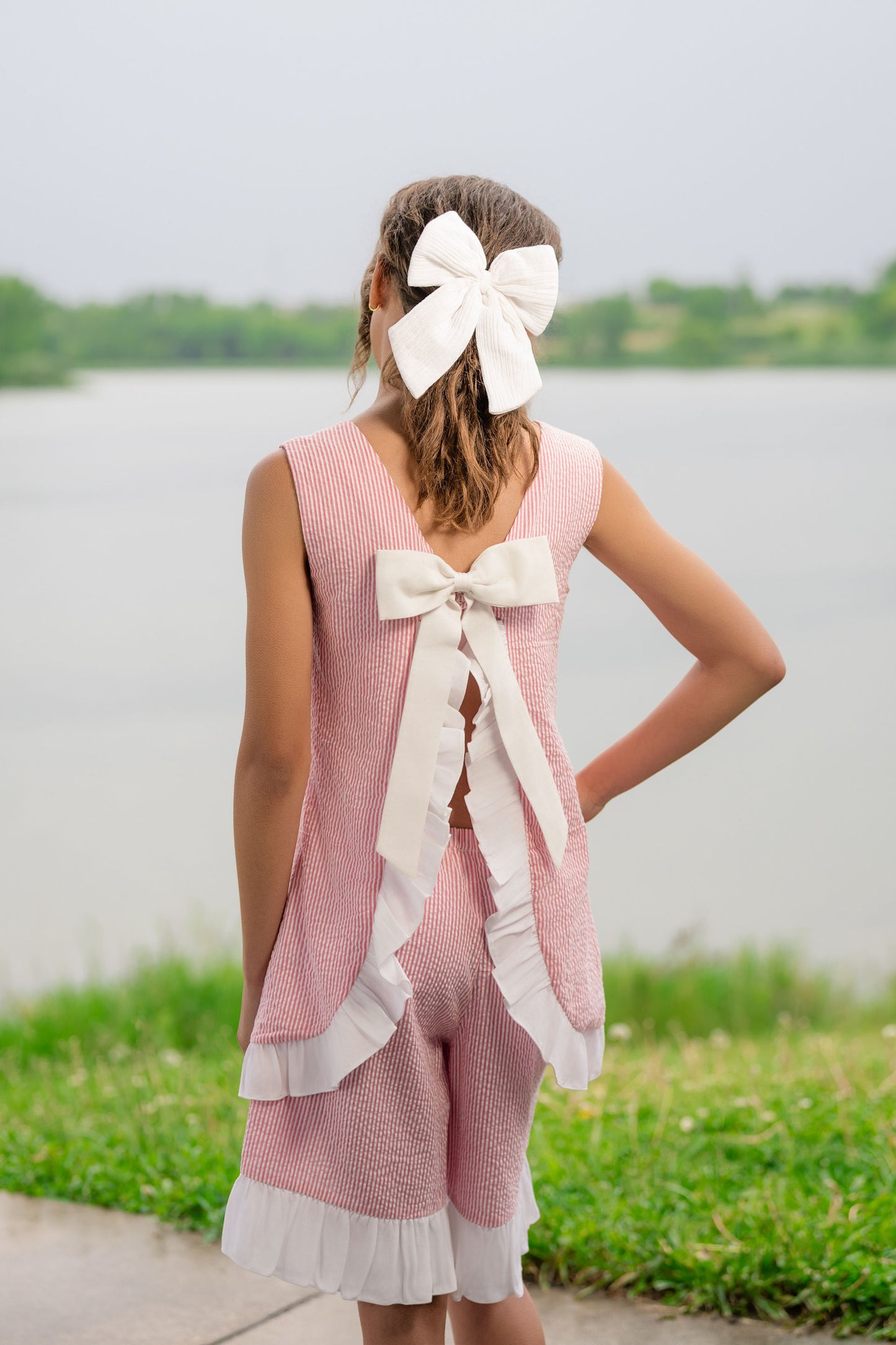 Seaside Stroll Ruffle Back TOP - Beach Rose Seersucker