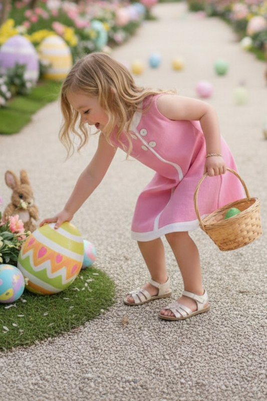Seaside Sail Girls Linen DRESS - "Cotton Candy Pink" With White Trim