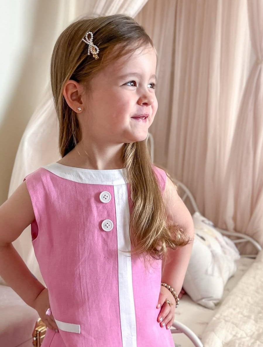 Seaside Sail Girls Linen DRESS - "Cotton Candy Pink" With White Trim