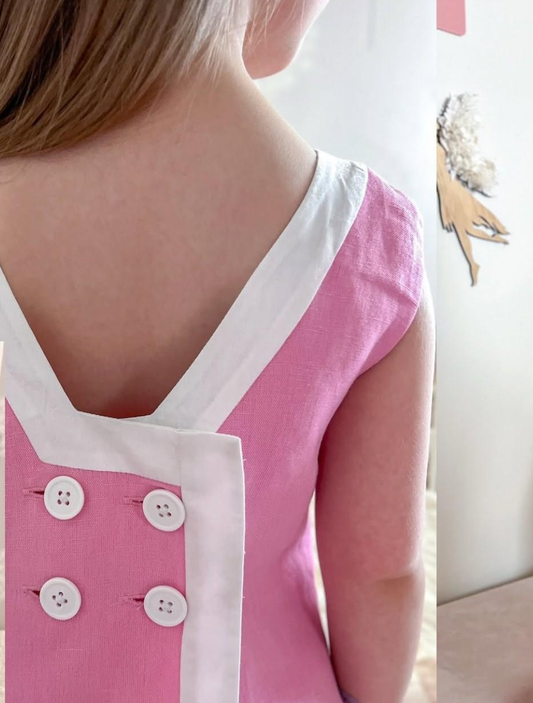 Seaside Sail Girls Linen DRESS - "Cotton Candy Pink" With White Trim