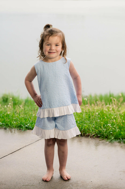 Seaside Stroll Ruffle SHORTS - Blue Seersucker