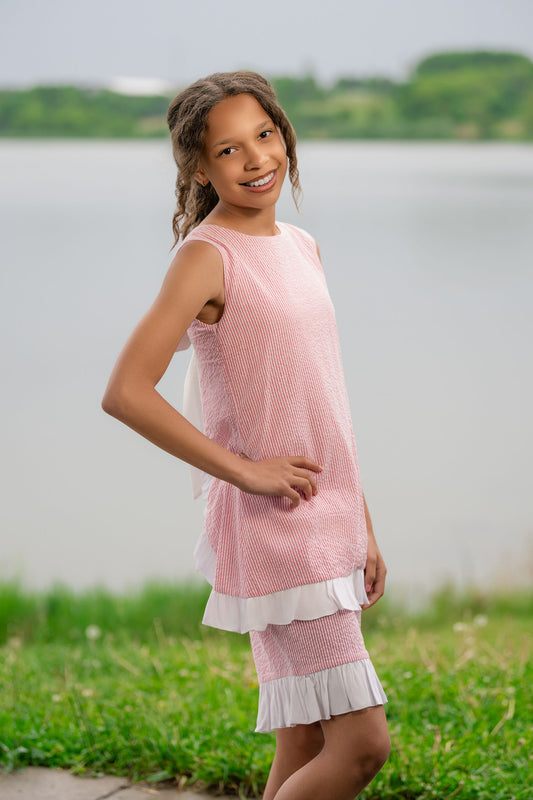 Seaside Stroll Ruffle SHORTS - Beach Rose Seersucker