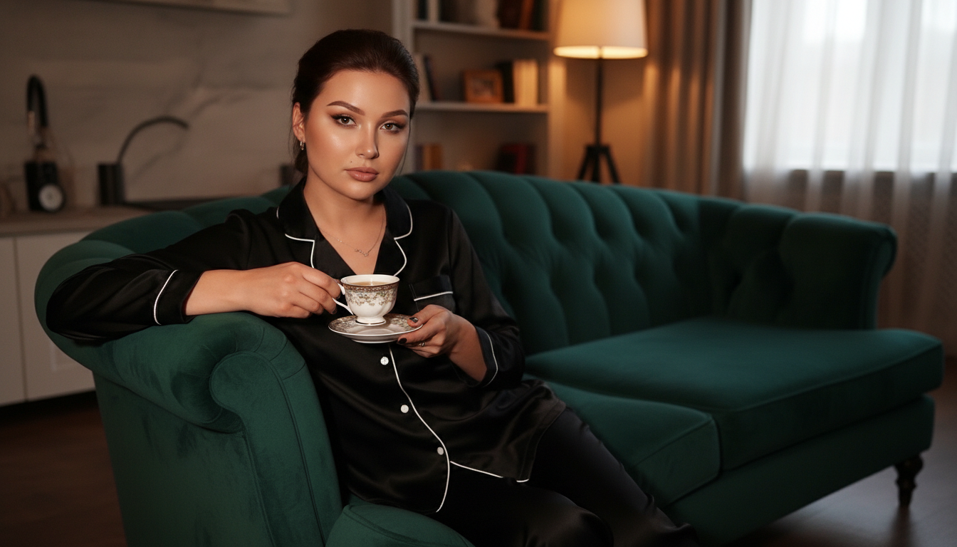 Women’s Black Long Sleeve Pajama Top with White Trim – Luxury Sleepwear