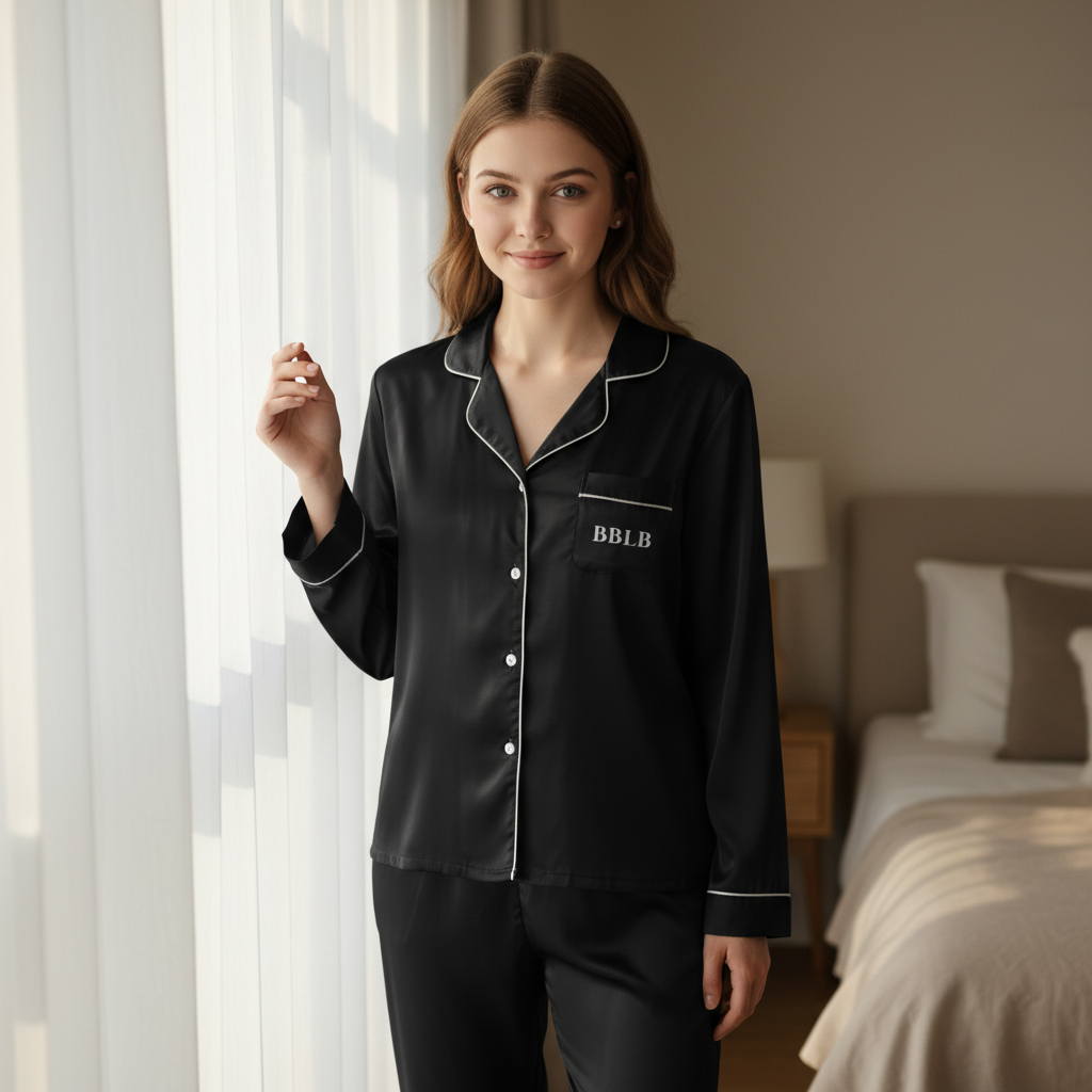 Women’s Black Long Sleeve Pajama Top with White Trim – Luxury Sleepwear