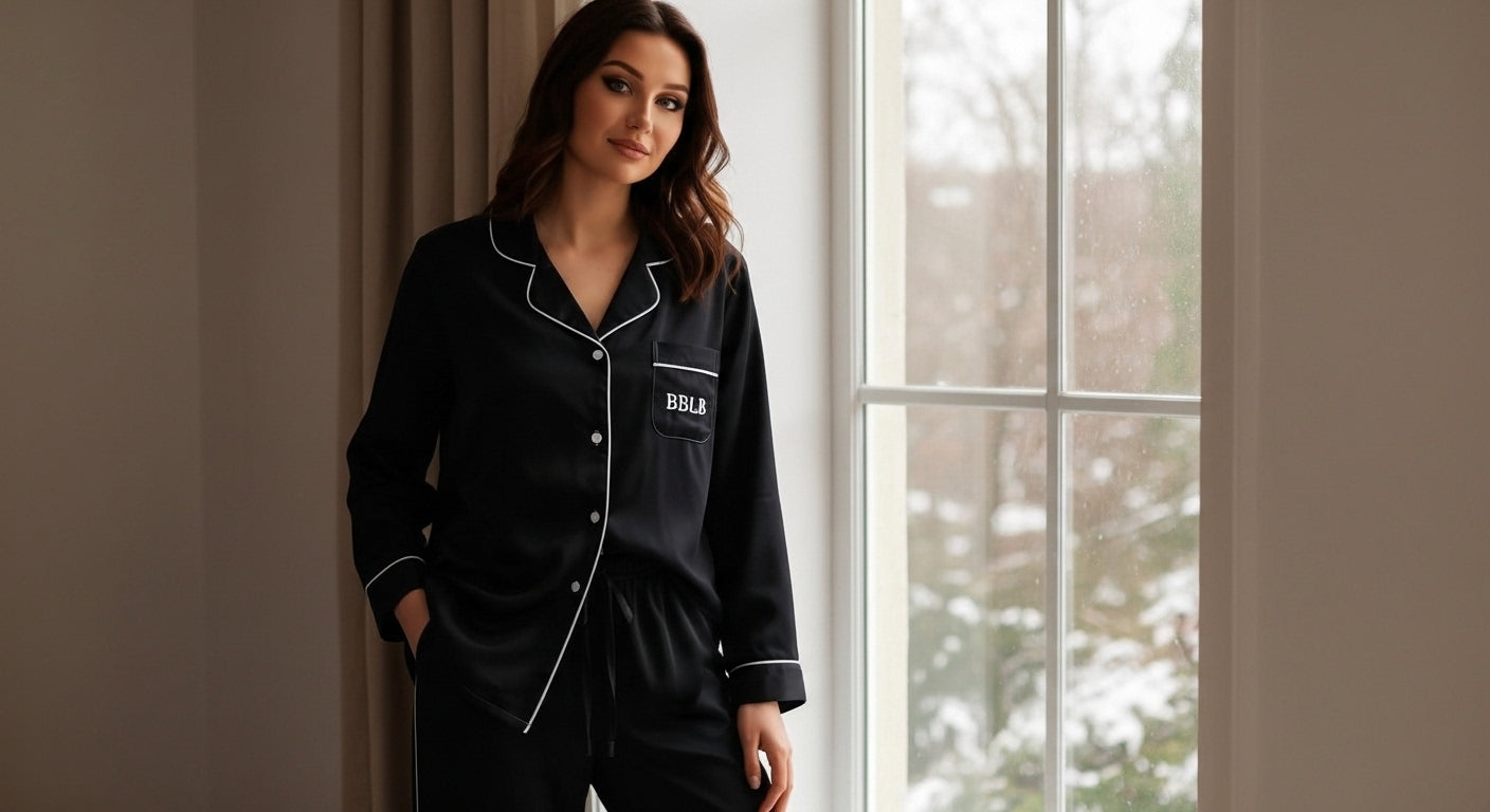 Women’s Black Long Sleeve Pajama Top with White Trim – Luxury Sleepwear