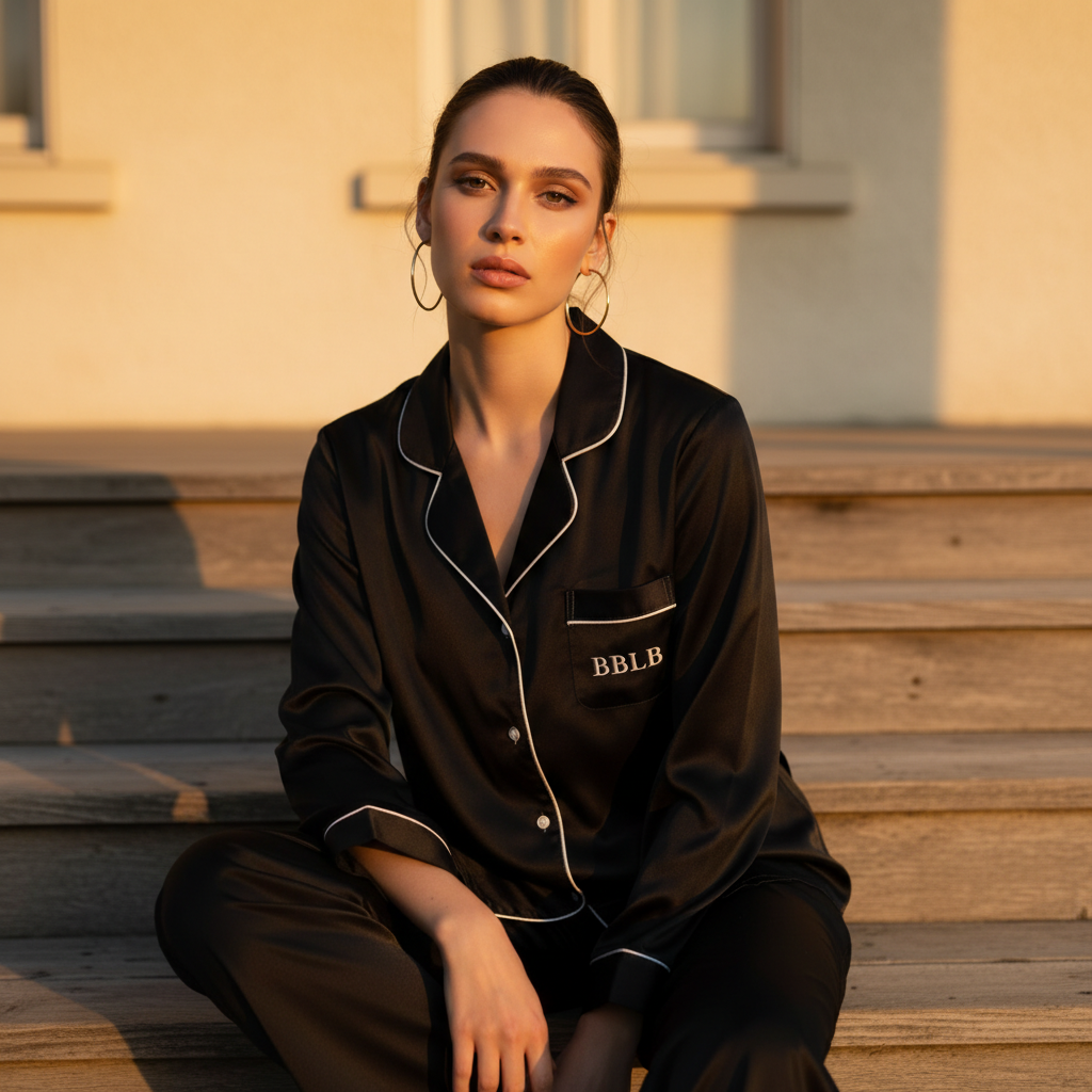 Women’s Black Long Sleeve Pajama Top with White Trim – Luxury Sleepwear