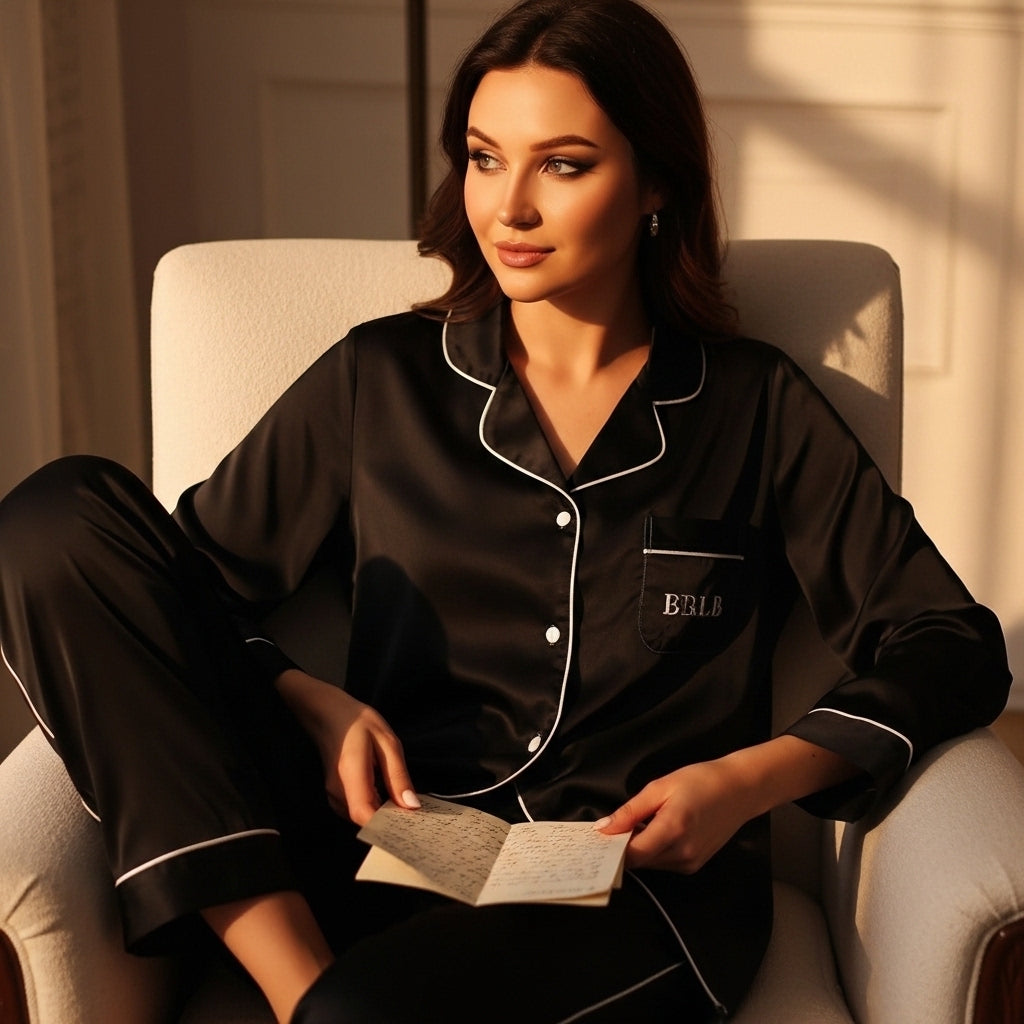 Women’s Black Long Sleeve Pajama Top with White Trim – Luxury Sleepwear