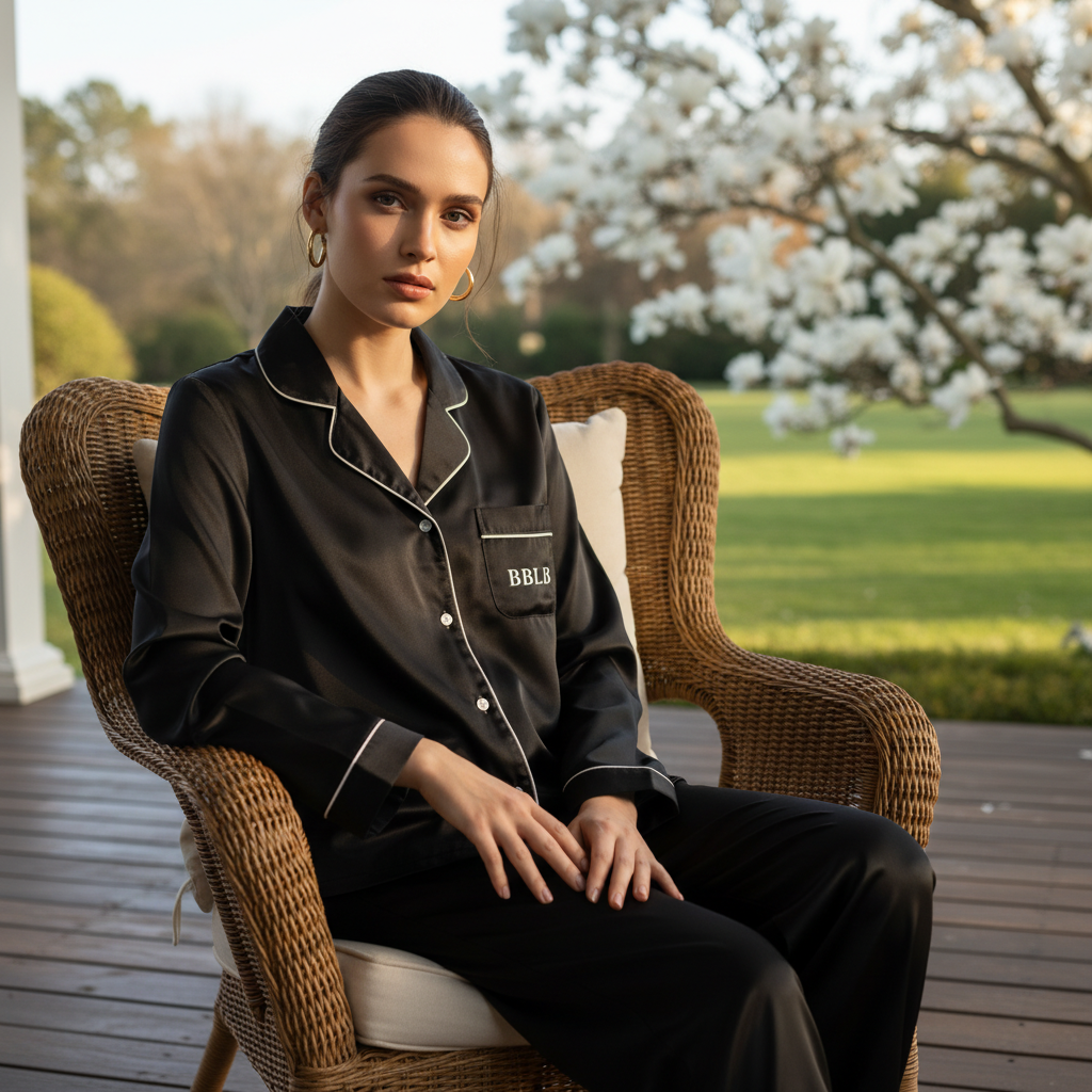 Women’s Black Long Sleeve Pajama Top with White Trim – Luxury Sleepwear