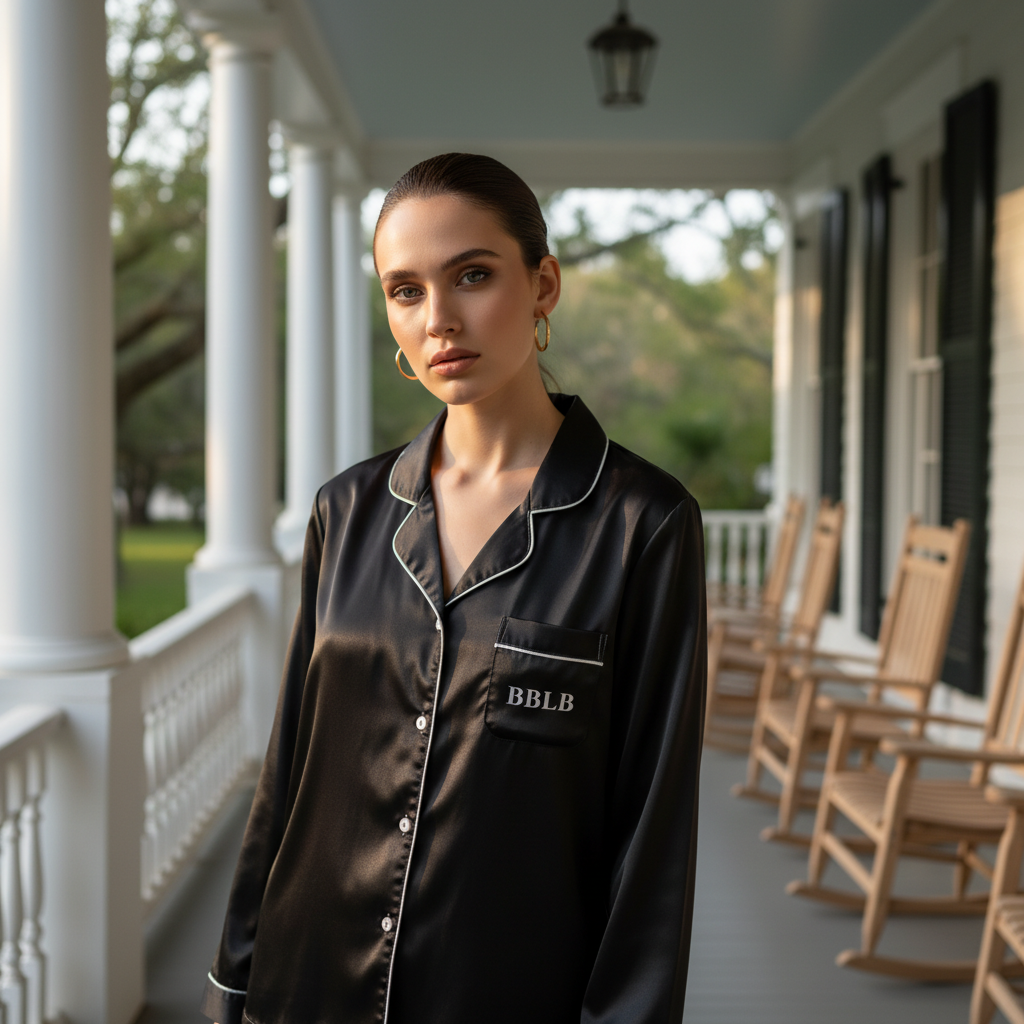 Women’s Black Long Sleeve Pajama Top with White Trim – Luxury Sleepwear