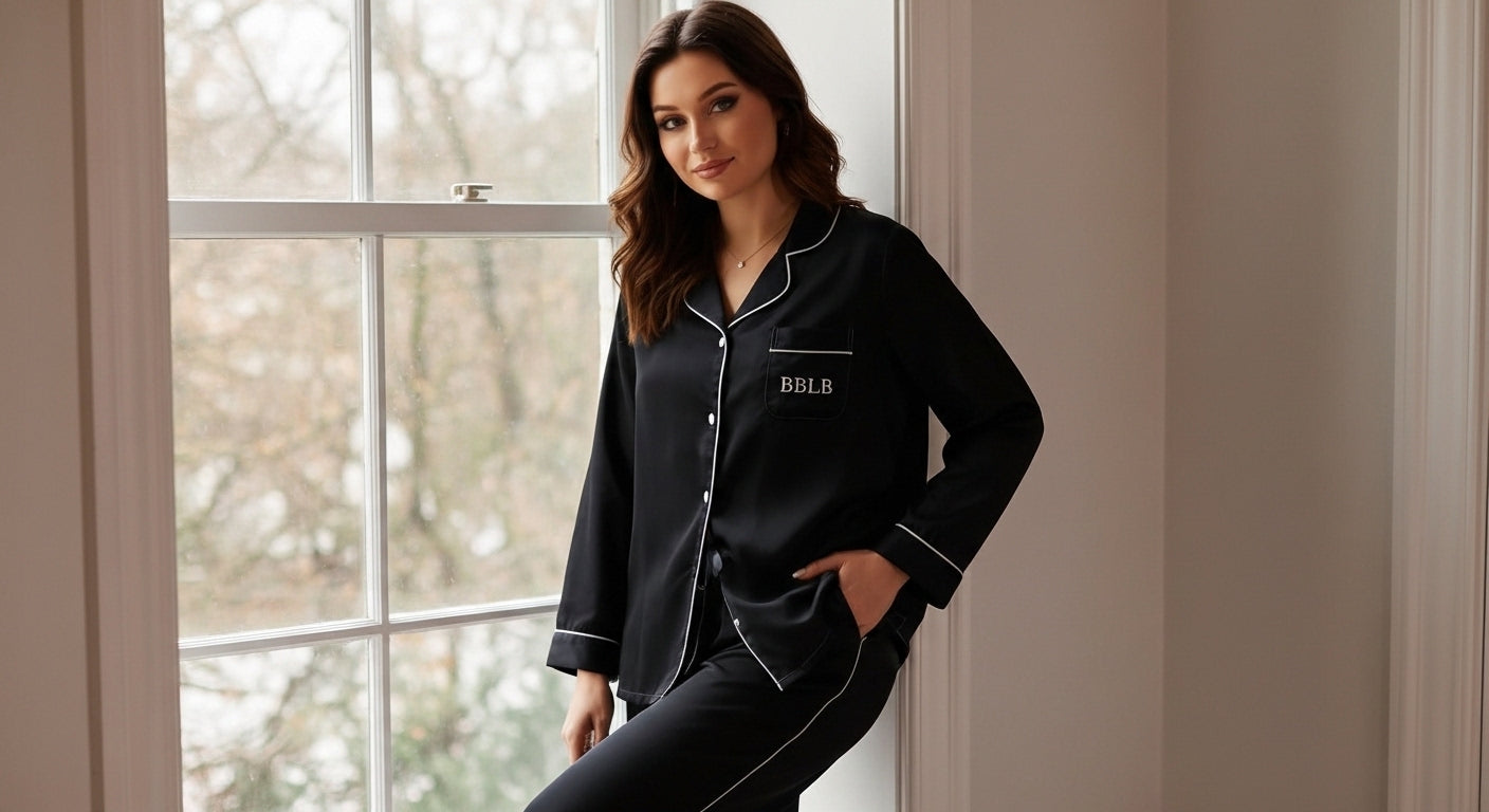 Women’s Black Long Sleeve Pajama Top with White Trim – Luxury Sleepwear