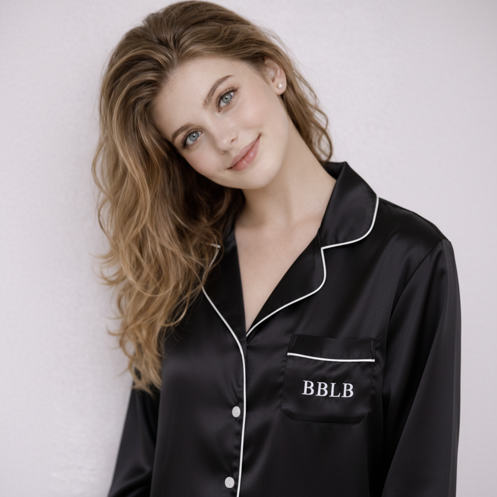 Women’s Black Long Sleeve Pajama Top with White Trim – Luxury Sleepwear