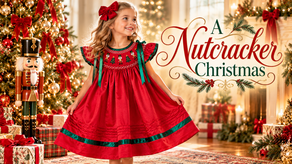 A Nutcracker Christmas: girl in a red smocked holiday dress beside a decorated tree.
