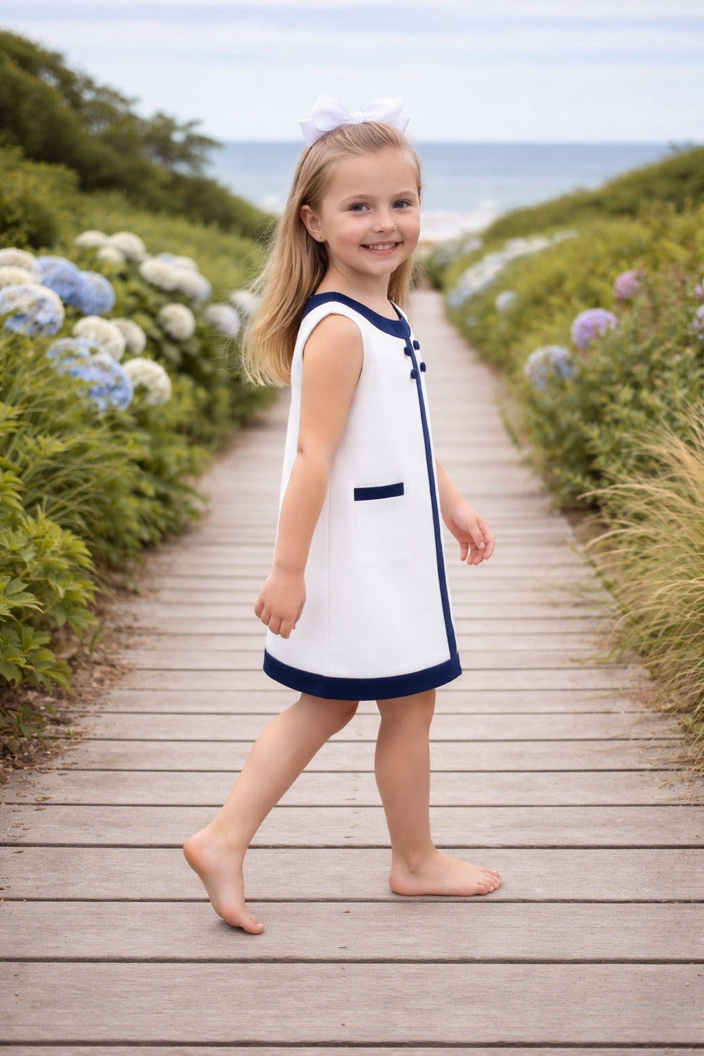 Seaside Sail Linen Girls DRESS - White With Navy Blue Trim
