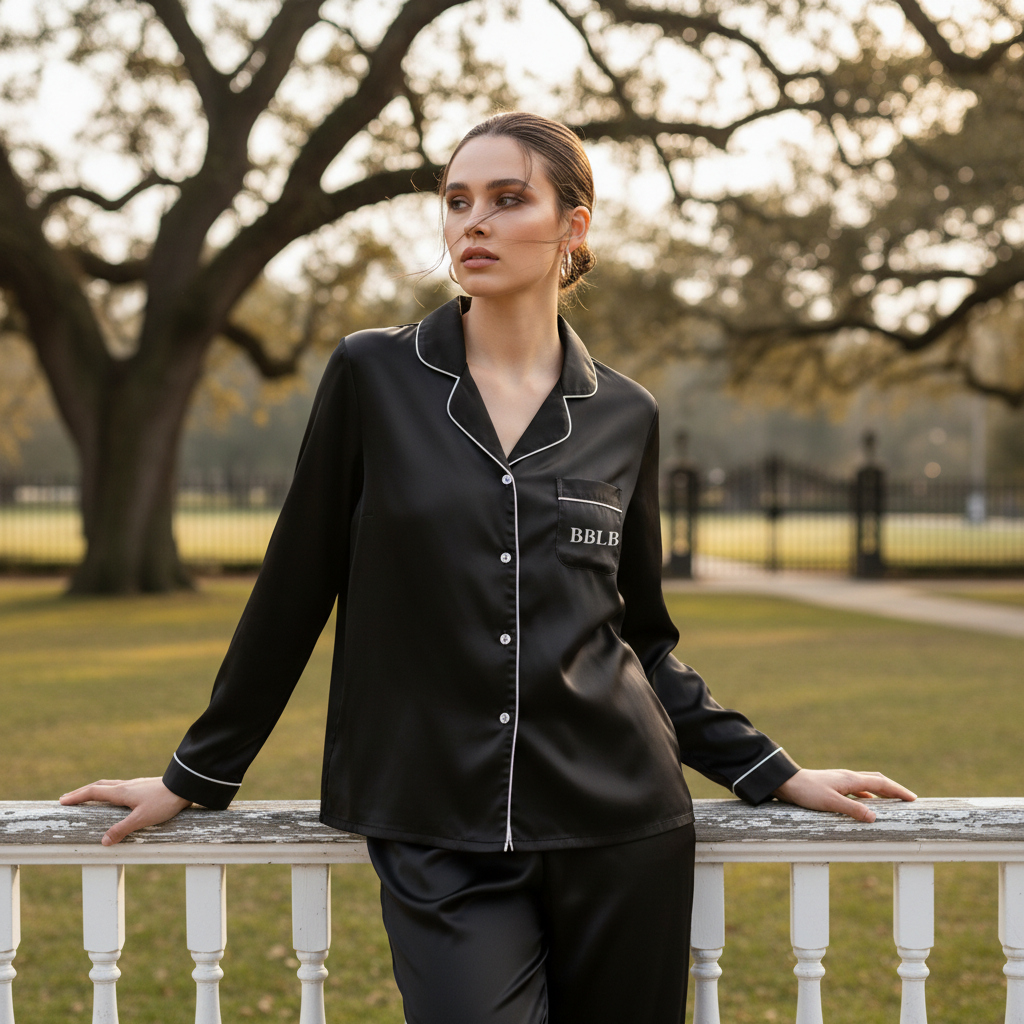 Women’s Black Long Sleeve Pajama Top with White Trim – Luxury Sleepwear