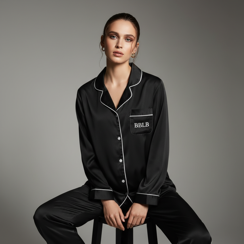 Women’s Black Long Sleeve Pajama Top with White Trim – Luxury Sleepwear