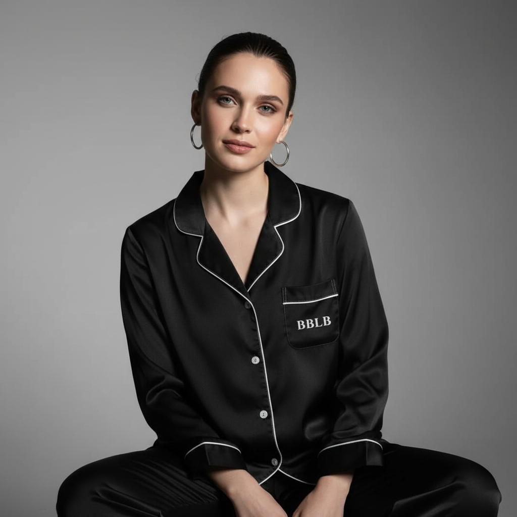 Women’s Black Long Sleeve Pajama Top with White Trim – Luxury Sleepwear