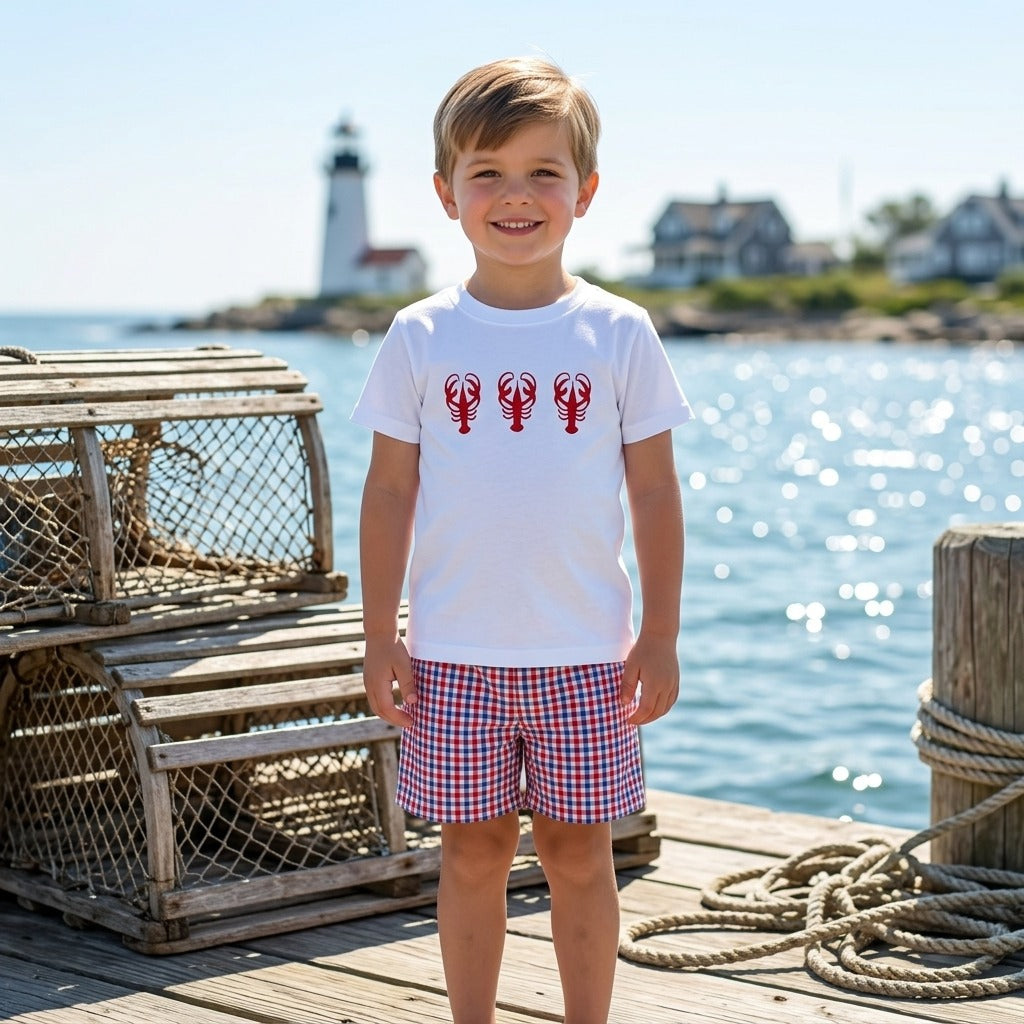 Boys Lobster T-shirt and checkered Red, White & Blue Short SET
