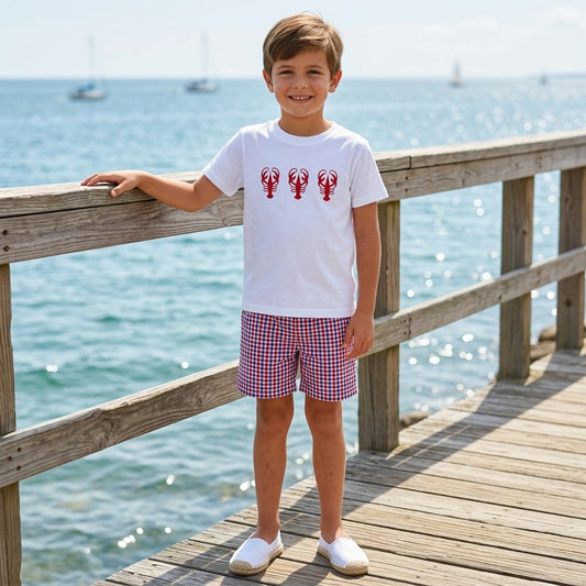 Boys Lobster T-shirt and checkered Red, White & Blue Short SET