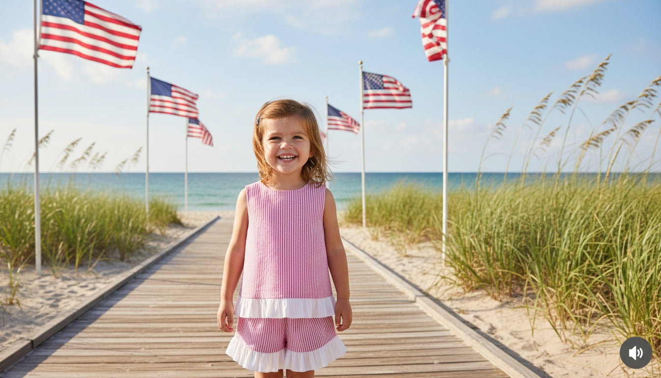 Seaside Stroll Ruffle SHORTS - Beach Rose Seersucker
