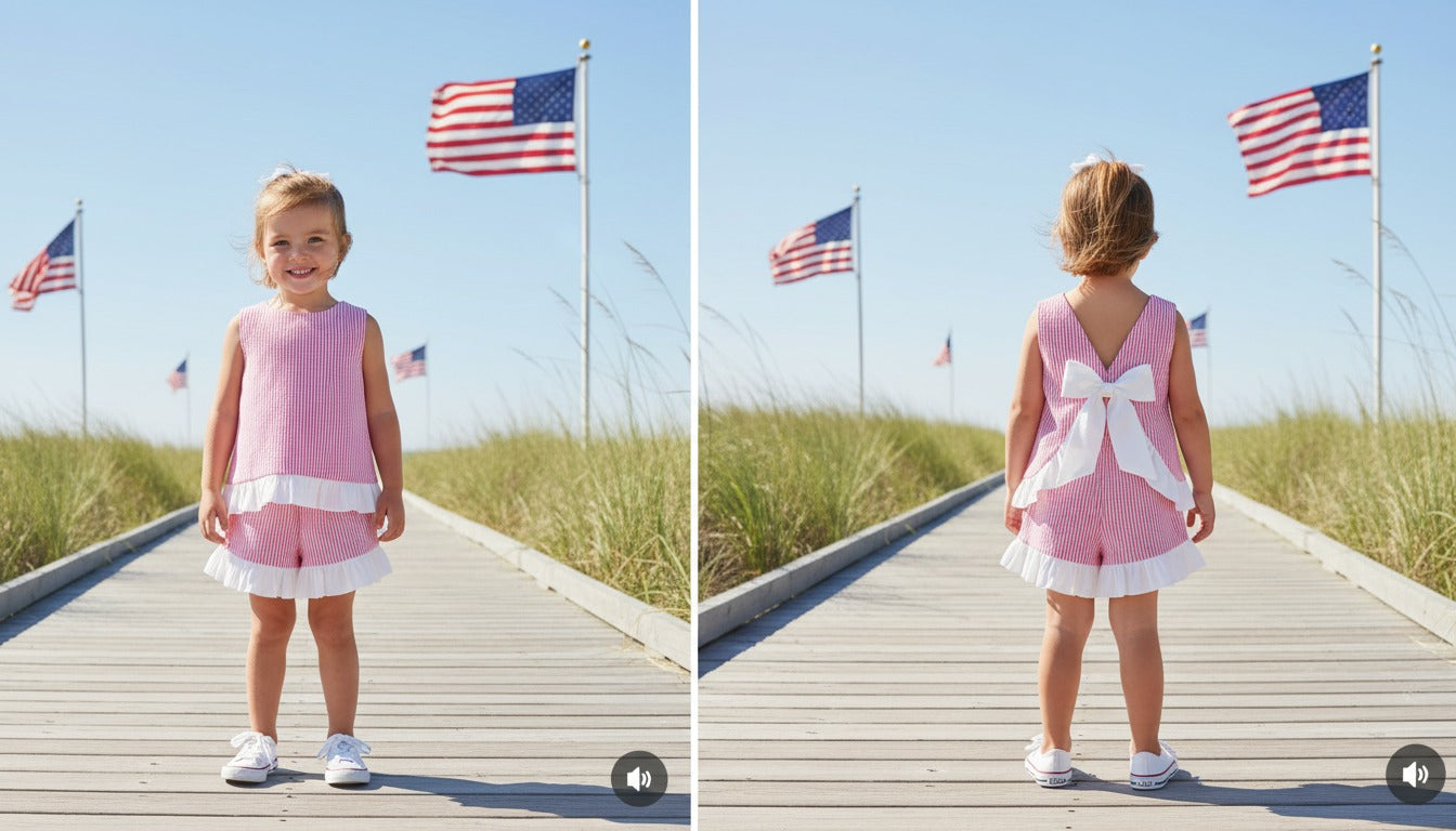 Seaside Stroll Ruffle SHORTS - Beach Rose Seersucker