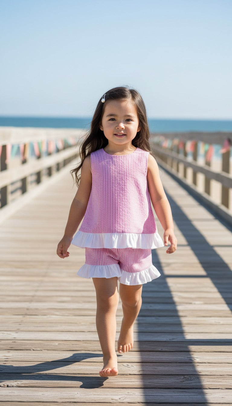 Seaside Stroll Ruffle Back Girls TOP - Beach Rose Seersucker