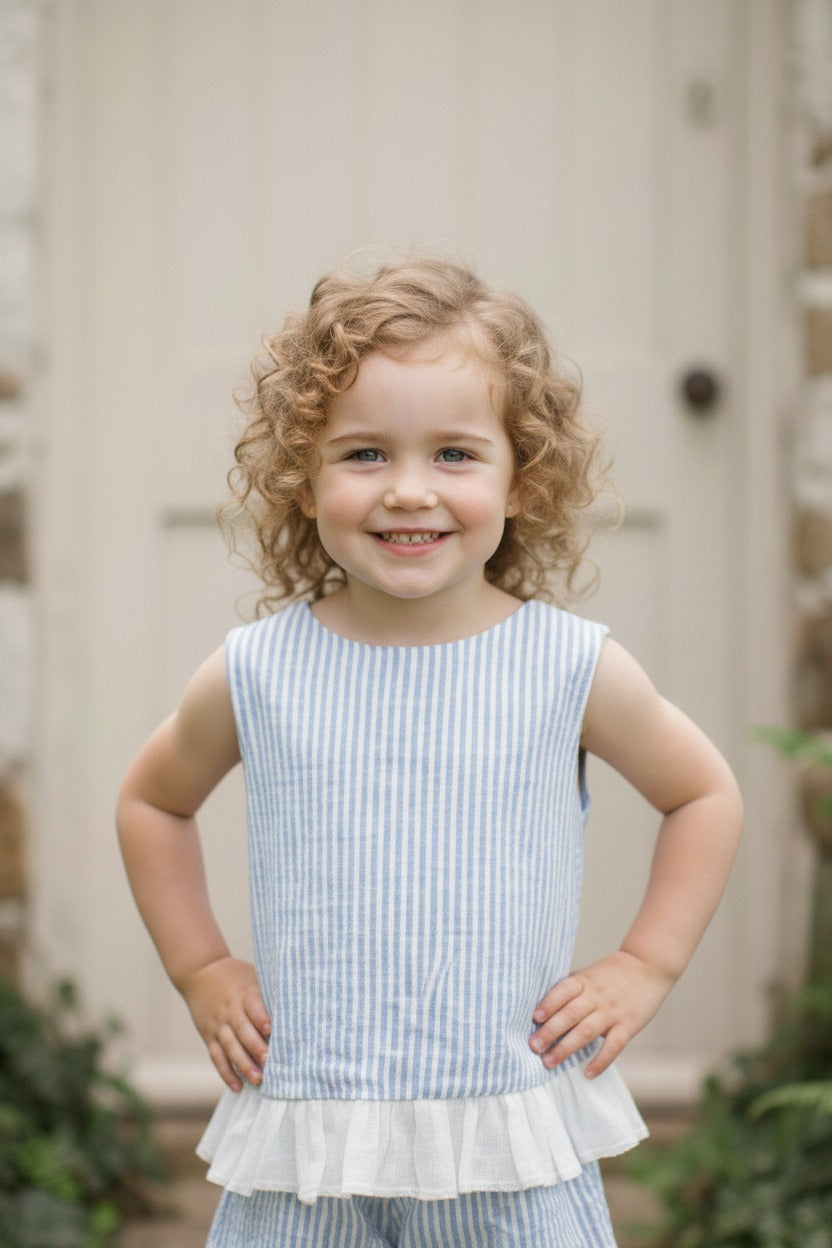 Seaside Stroll Ruffle Back Girls TOP - Blue Seersucker