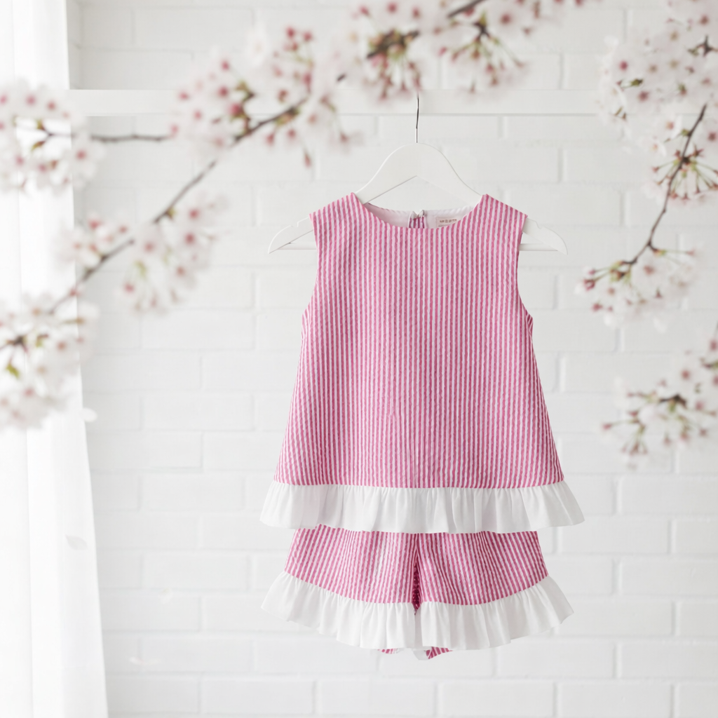 Seaside Stroll Ruffle Back Girls TOP - Beach Rose Seersucker