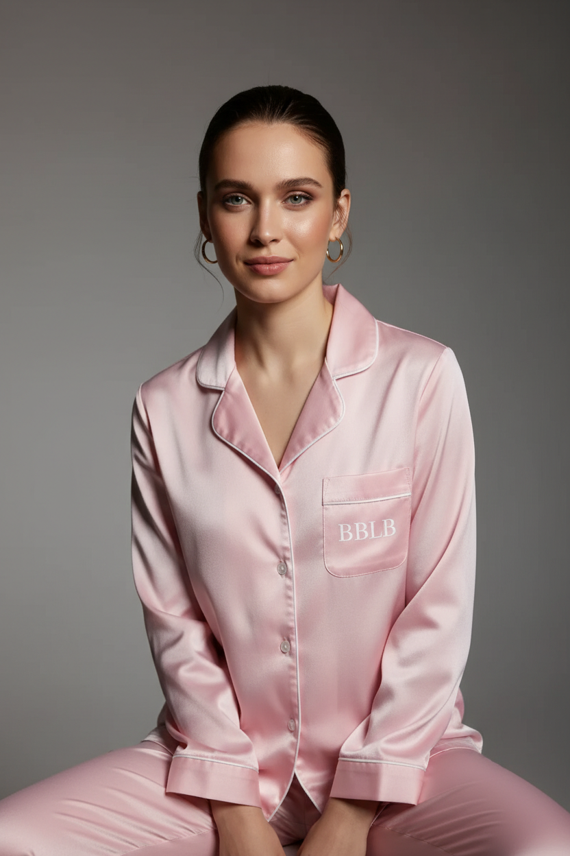 Women’s Pink With White Trim Long Sleeve Pajama Top - Luxury Sleepwear