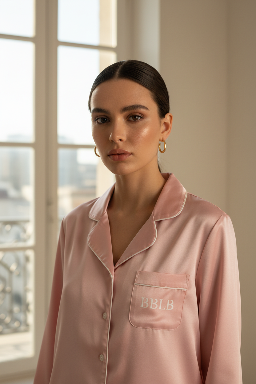 Women’s Pink With White Trim Long Sleeve Pajama Top - Luxury Sleepwear