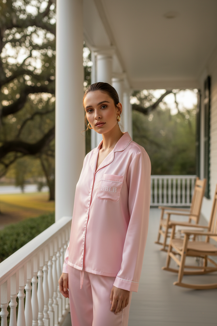 Women’s Pink With White Trim Long Sleeve Pajama Top - Luxury Sleepwear
