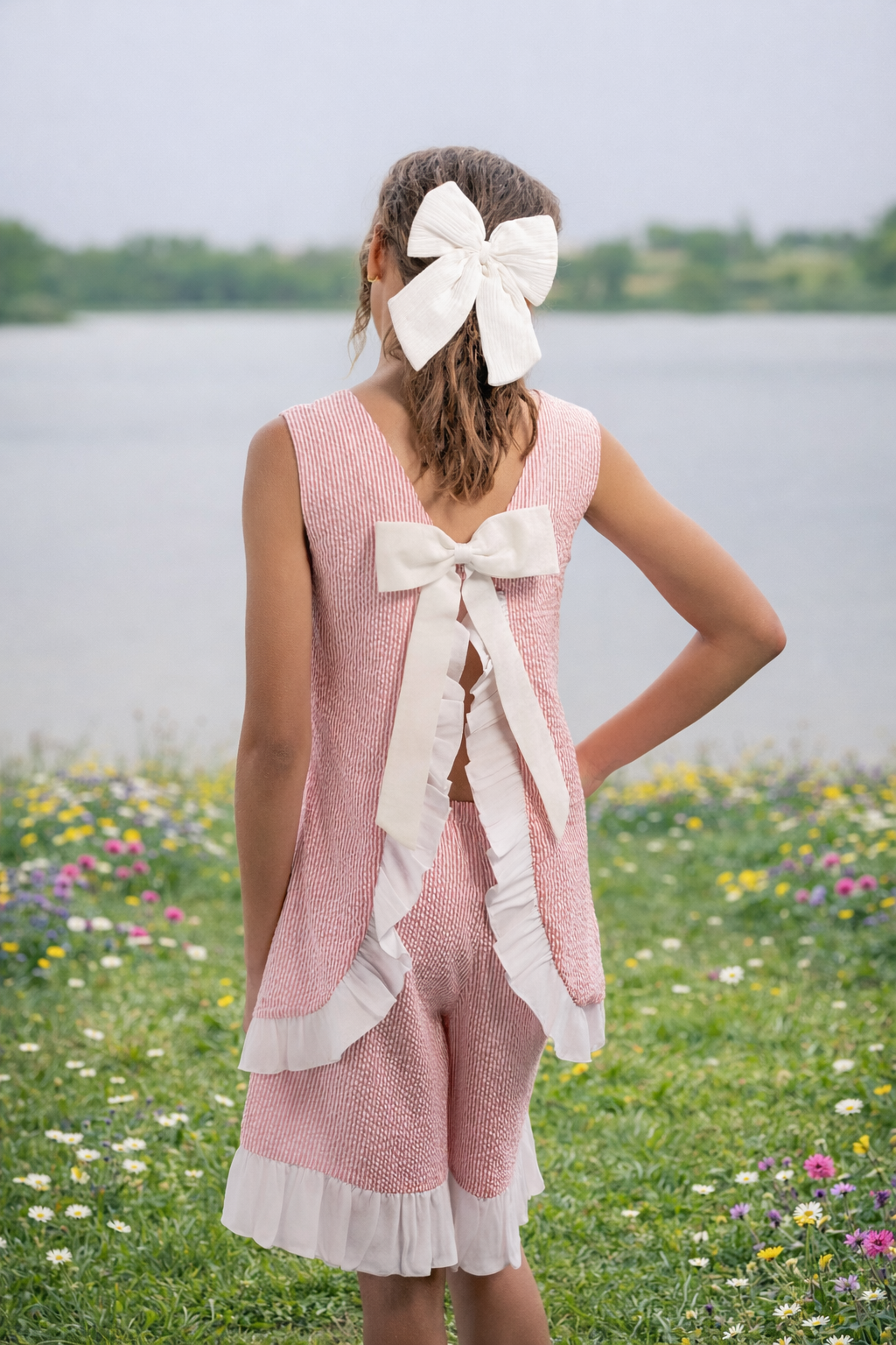 Seaside Stroll Ruffle SHORTS - Beach Rose Seersucker